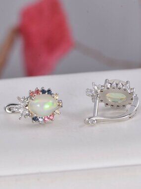 Natural Ethopian Opal Hoop Earrings 925 Sterling Silver